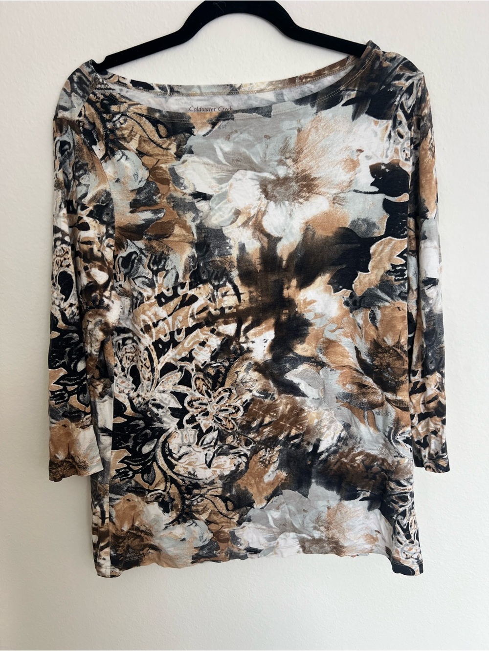 Coldwater Creek Floral Abstract Boatneck Top - Black, Tan & Cream